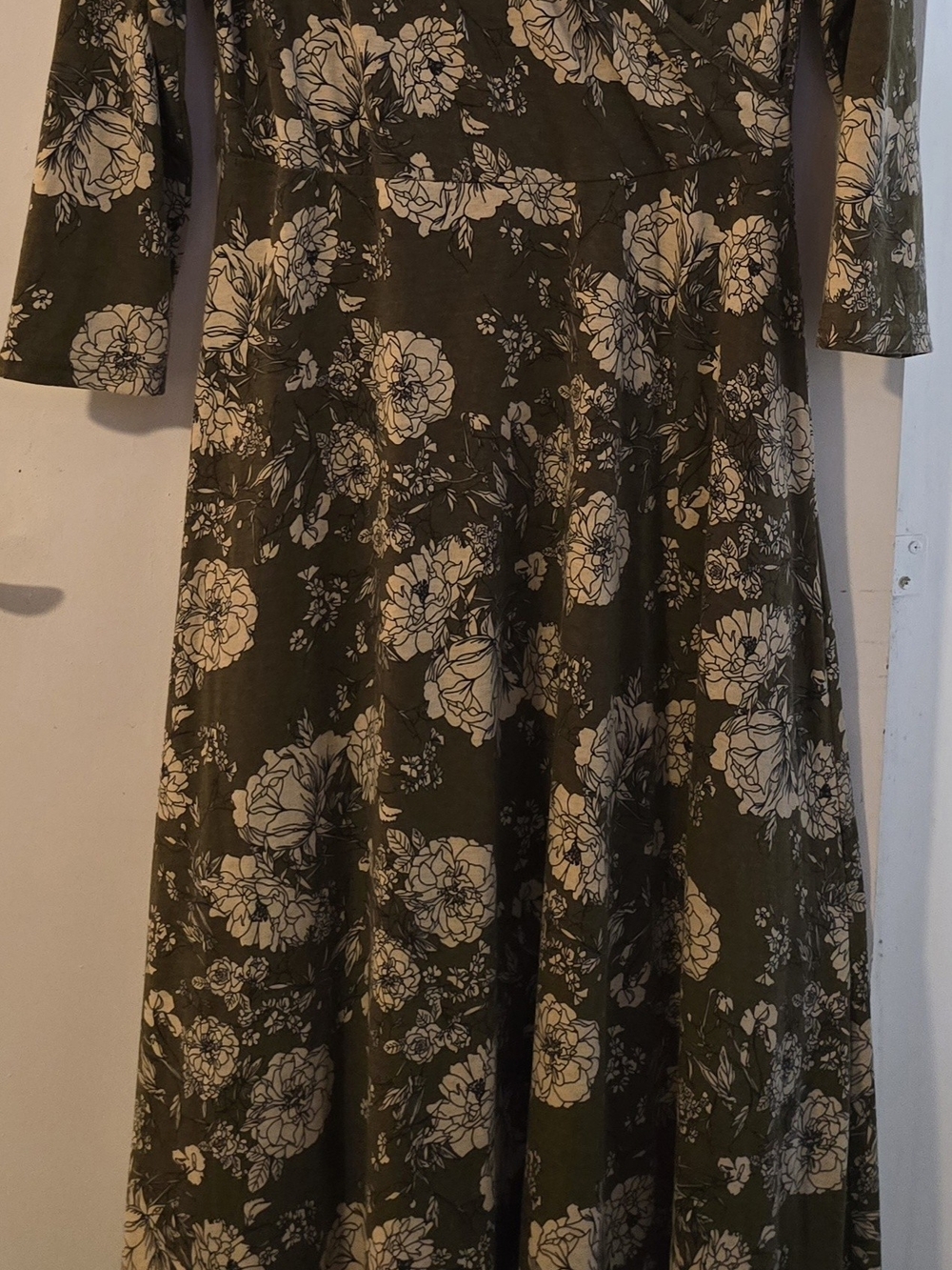 Olive Green Floral Maxi Dress with Cream Blooms